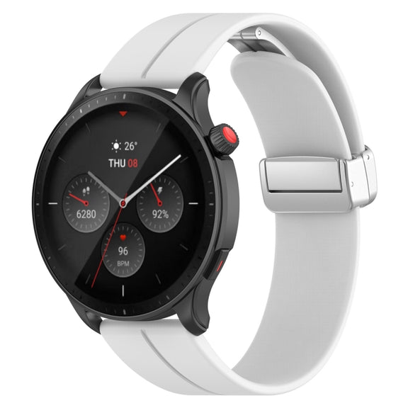 For Amazfit GTR 4 Magnetic Fold Clasp Silver Buckle Silicone Watch Band(White)