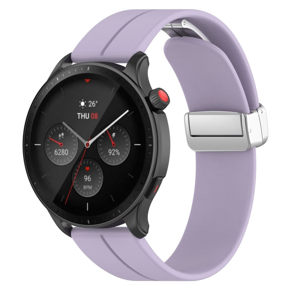 For Amazfit GTR 4 Magnetic Fold Clasp Silver Buckle Silicone Watch Band(Light Purple)