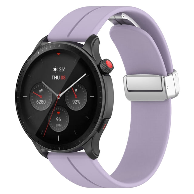 For Amazfit GTR 4 Magnetic Fold Clasp Silver Buckle Silicone Watch Band(Light Purple)