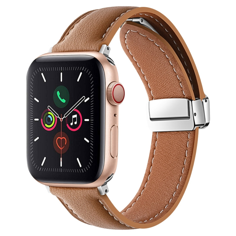 Folding Buckle Genuine Leather Watch Band For Apple Watch Ultra 49mm / Series 8&7 45mm / SE 2&6&SE&5&4 44mm / 3&2&1 42mm(Brown) -  by PMC TechLife | Online Shopping South Africa | PMC TechLife