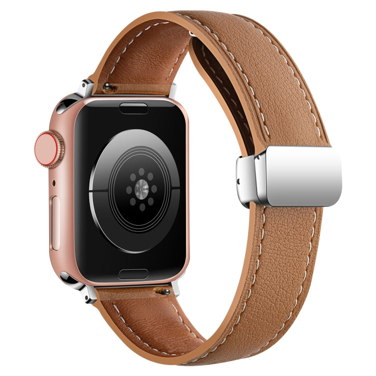 Folding Buckle Genuine Leather Watch Band For Apple Watch Ultra 49mm / Series 8&7 45mm / SE 2&6&SE&5&4 44mm / 3&2&1 42mm(Brown) -  by PMC TechLife | Online Shopping South Africa | PMC TechLife