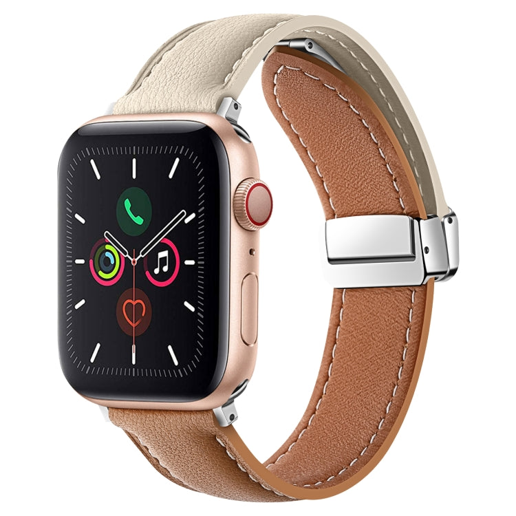 Folding Buckle Genuine Leather Watch Band For Apple Watch Ultra 49mm / Series 8&7 45mm / SE 2&6&SE&5&4 44mm / 3&2&1 42mm(White + Brown) - Smart Wear by PMC TechLife | Online Shopping South Africa | PMC TechLife