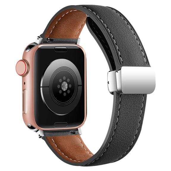 Folding Buckle Genuine Leather Watch Band For Apple Watch Series 8&7 41mm / SE 2&6&SE&5&4 40mm / 3&2&1 38mm(Black)