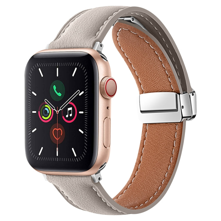 Folding Buckle Genuine Leather Watch Band For Apple Watch Series 8&7 41mm / SE 2&6&SE&5&4 40mm / 3&2&1 38mm(Grey) - Smart Wear by PMC TechLife | Online Shopping South Africa | PMC TechLife