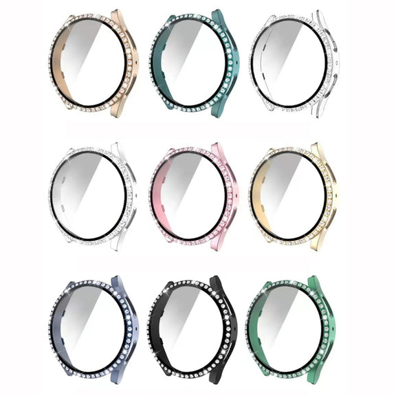 For Samsung Galaxy Watch5 44mm Single Row Diamond PC + Tempered Glass Watch Case(Light Green)