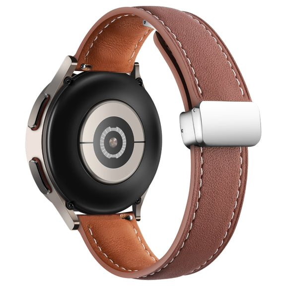 20mm Folding Buckle Plain Weave Genuine Leather Watch Band(Brown+Silver)