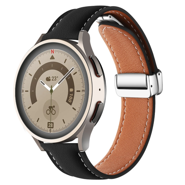20mm Folding Buckle Plain Weave Genuine Leather Watch Band(Black+Silver)