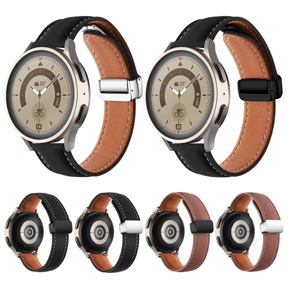 22mm Folding Buckle Plain Weave Genuine Leather Watch Band(Black+Silver)