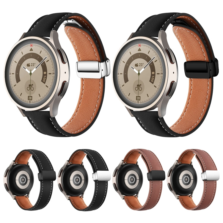 20mm Folding Buckle Plain Weave Genuine Leather Watch Band(Brown+Silver)