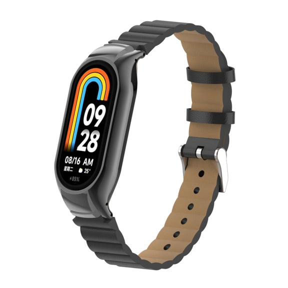 For Xiaomi Mi Band 8 Integrated Metal Case + Bamboo Leather Watch Band(Black)