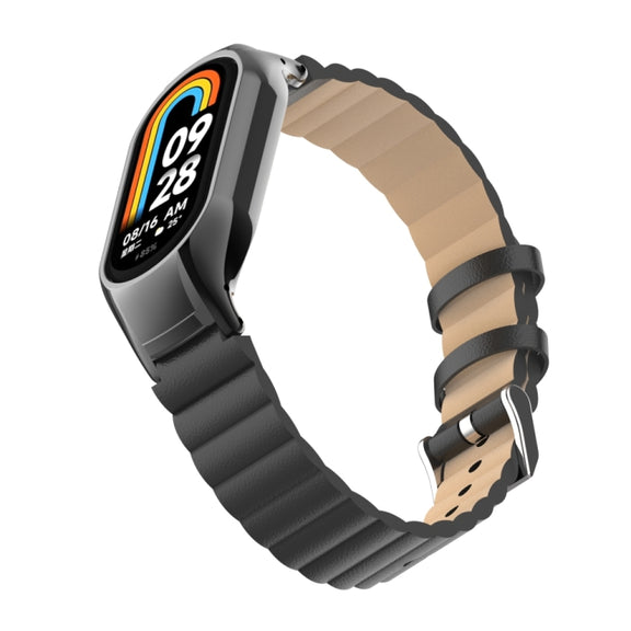 For Xiaomi Mi Band 8 Integrated Metal Case + Bamboo Leather Watch Band(Black)