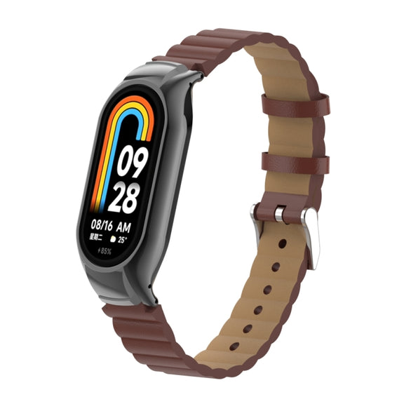 For Xiaomi Mi Band 8 Integrated Metal Case + Bamboo Leather Watch Band(Red Brown)