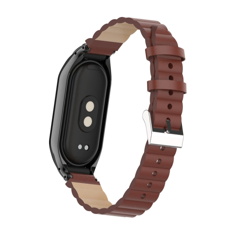 For Xiaomi Mi Band 8 Integrated Metal Case + Bamboo Leather Watch Band(Red Brown)