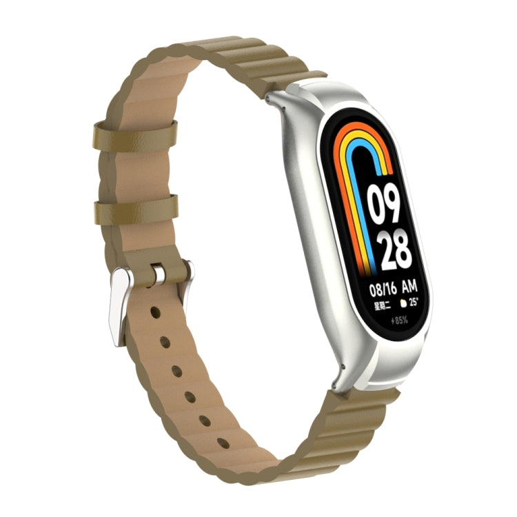 For Xiaomi Mi Band 8 Integrated Metal Case + Bamboo Leather Watch Band(Saddle)