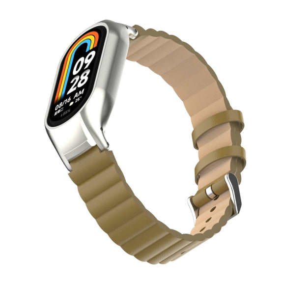 For Xiaomi Mi Band 8 Integrated Metal Case + Bamboo Leather Watch Band(Saddle)