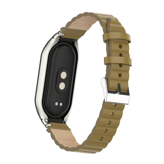 For Xiaomi Mi Band 8 Integrated Metal Case + Bamboo Leather Watch Band(Saddle)