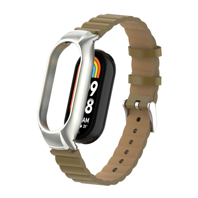 For Xiaomi Mi Band 8 Integrated Metal Case + Bamboo Leather Watch Band(Saddle)