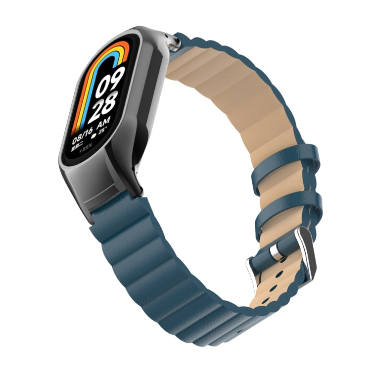 For Xiaomi Mi Band 8 Integrated Metal Case + Bamboo Leather Watch Band(Navy Blue)