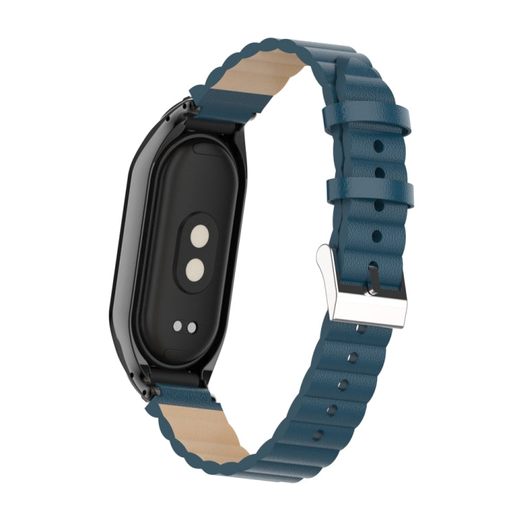 For Xiaomi Mi Band 8 Integrated Metal Case + Bamboo Leather Watch Band(Navy Blue)