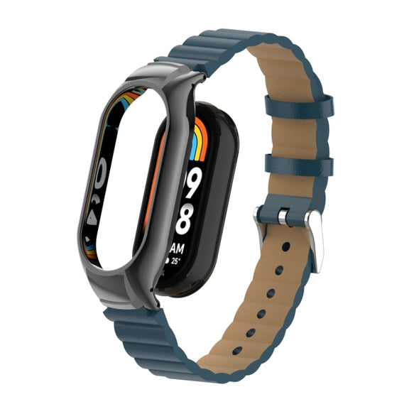 For Xiaomi Mi Band 8 Integrated Metal Case + Bamboo Leather Watch Band(Navy Blue)