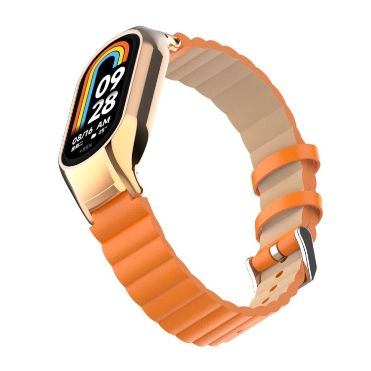 For Xiaomi Mi Band 8 Integrated Metal Case + Bamboo Leather Watch Band(Orange)