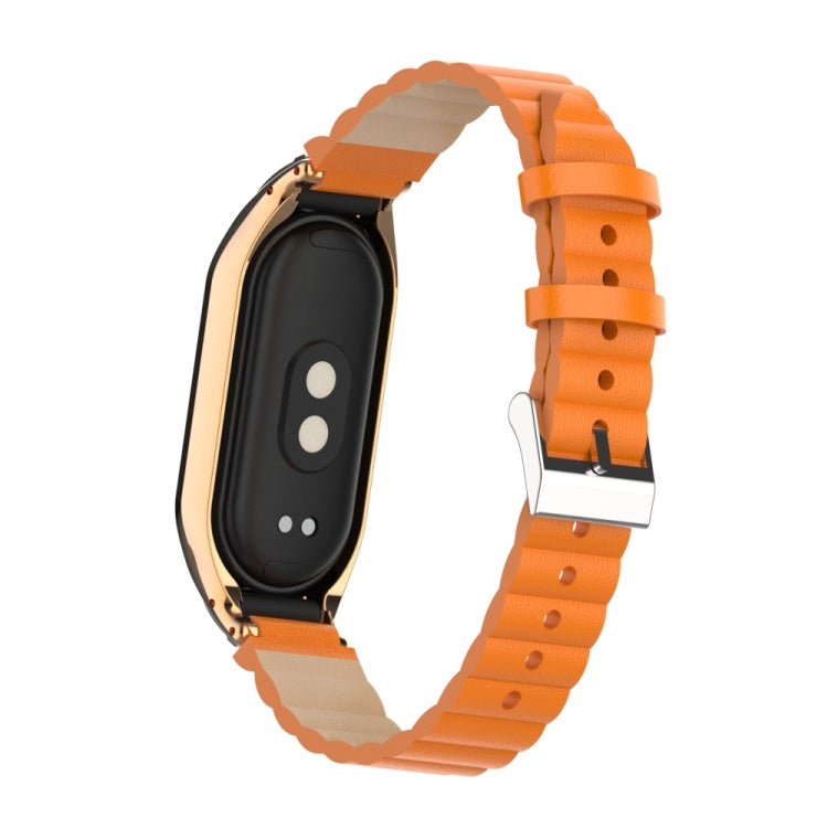 For Xiaomi Mi Band 8 Integrated Metal Case + Bamboo Leather Watch Band(Orange)