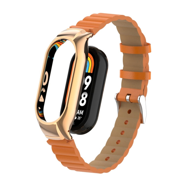 For Xiaomi Mi Band 8 Integrated Metal Case + Bamboo Leather Watch Band(Orange)
