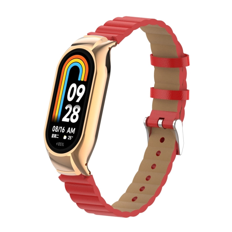 For Xiaomi Mi Band 8 Integrated Metal Case + Bamboo Leather Watch Band(Red)