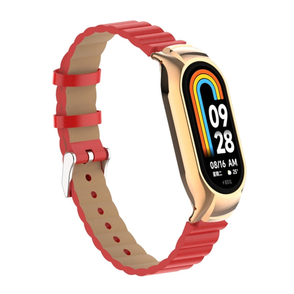 For Xiaomi Mi Band 8 Integrated Metal Case + Bamboo Leather Watch Band(Red)