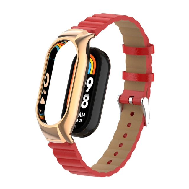For Xiaomi Mi Band 8 Integrated Metal Case + Bamboo Leather Watch Band(Red)