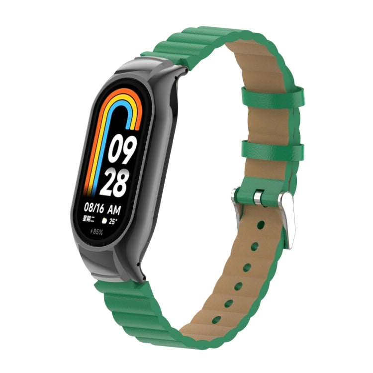 For Xiaomi Mi Band 8 Integrated Metal Case + Bamboo Leather Watch Band(Bamboo Green)