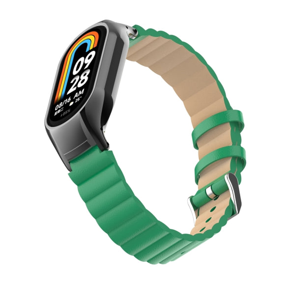 For Xiaomi Mi Band 8 Integrated Metal Case + Bamboo Leather Watch Band(Bamboo Green)