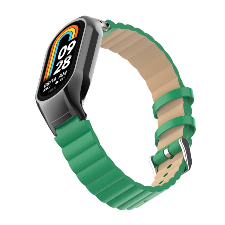 For Xiaomi Mi Band 8 Integrated Metal Case + Bamboo Leather Watch Band(Bamboo Green)