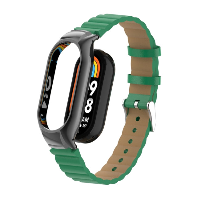 For Xiaomi Mi Band 8 Integrated Metal Case + Bamboo Leather Watch Band(Bamboo Green)