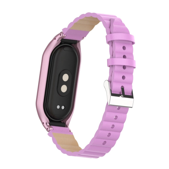 For Xiaomi Mi Band 8 Integrated Metal Case + Bamboo Leather Watch Band(Rose Pink)