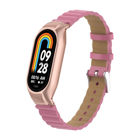 For Xiaomi Mi Band 8 Integrated Metal Case + Bamboo Leather Watch Band(Rose Red)
