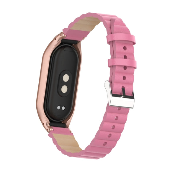 For Xiaomi Mi Band 8 Integrated Metal Case + Bamboo Leather Watch Band(Rose Red)