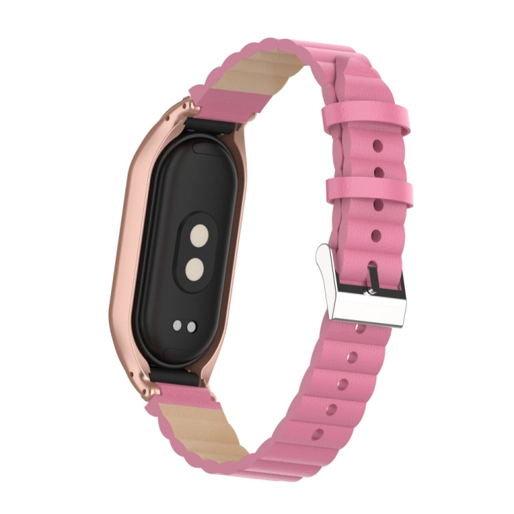 For Xiaomi Mi Band 8 Integrated Metal Case + Bamboo Leather Watch Band(Rose Red)