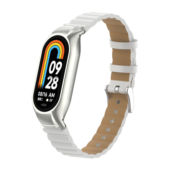 For Xiaomi Mi Band 8 Integrated Metal Case + Bamboo Leather Watch Band(White)