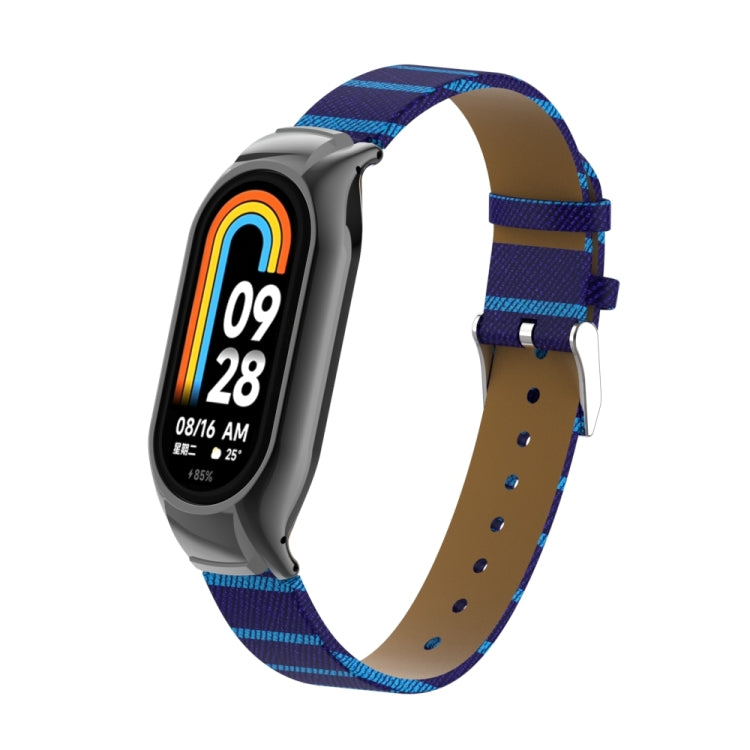 For Xiaomi Mi Band 8 Integrated Metal Case + Secondary Color Leather Watch Band(Blue)