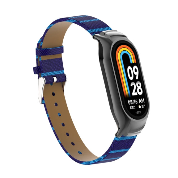 For Xiaomi Mi Band 8 Integrated Metal Case + Secondary Color Leather Watch Band(Blue)