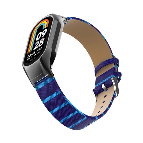 For Xiaomi Mi Band 8 Integrated Metal Case + Secondary Color Leather Watch Band(Blue)