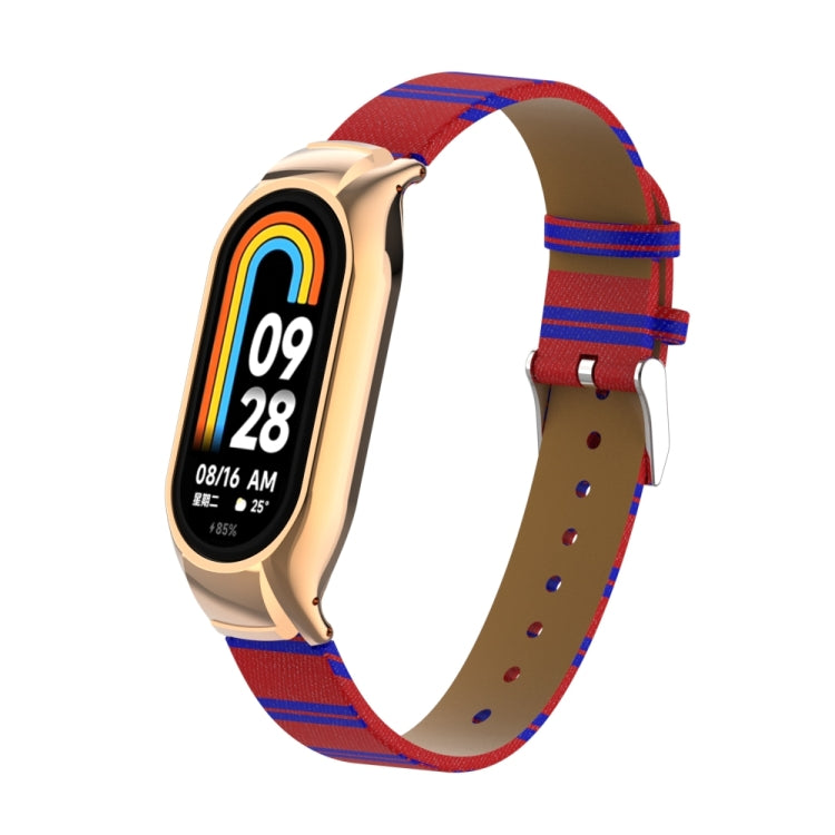 For Xiaomi Mi Band 8 Integrated Metal Case + Secondary Color Leather Watch Band(Red) - Smart Wear by PMC TechLife | Online Shopping South Africa | PMC TechLife