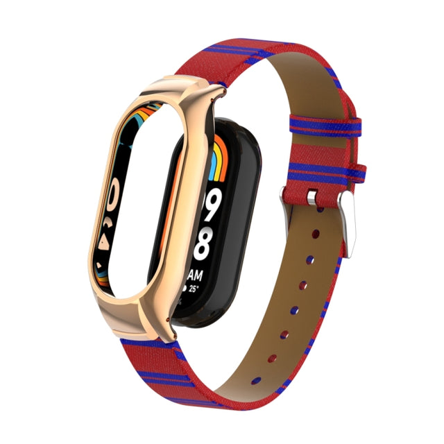 For Xiaomi Mi Band 8 Integrated Metal Case + Secondary Color Leather Watch Band(Red)