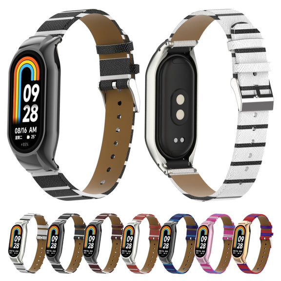 For Xiaomi Mi Band 8 Integrated Metal Case + Secondary Color Leather Watch Band(Red)