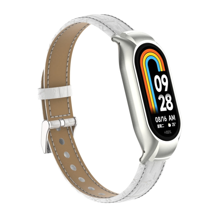 For Xiaomi Mi Band 8 Integrated Metal Case + Cocodile Texture Leather Watch Band(White)