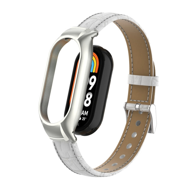 For Xiaomi Mi Band 8 Integrated Metal Case + Cocodile Texture Leather Watch Band(White)