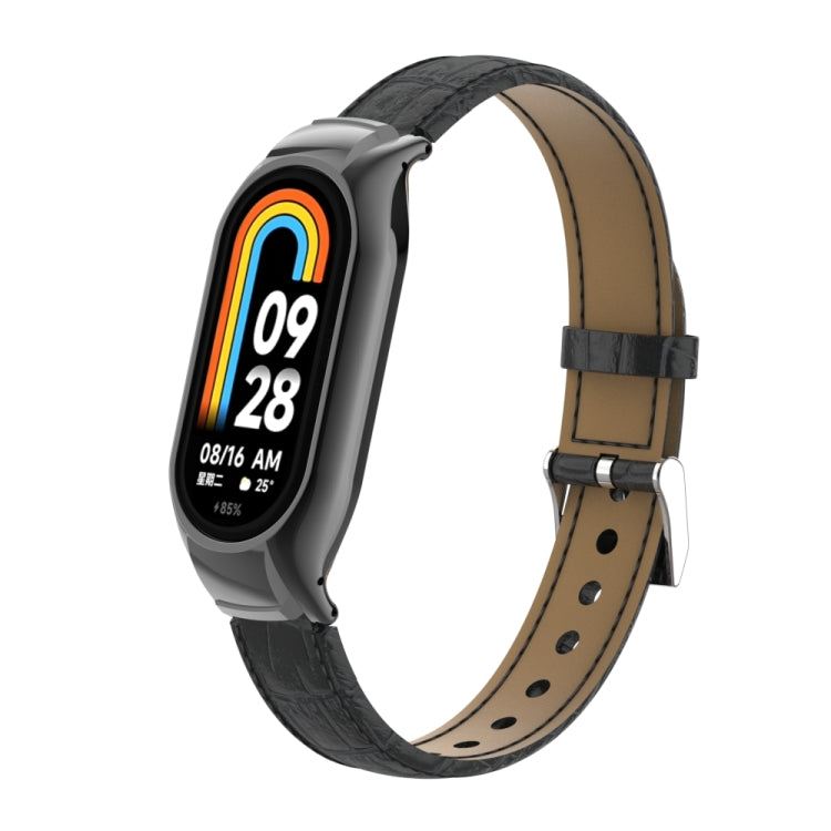 For Xiaomi Mi Band 8 Integrated Metal Case + Cocodile Texture Leather Watch Band(Black) - Smart Wear by PMC TechLife | Online Shopping South Africa | PMC TechLife