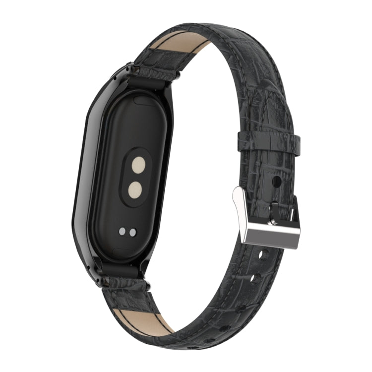For Xiaomi Mi Band 8 Integrated Metal Case + Cocodile Texture Leather Watch Band(Black) - Smart Wear by PMC TechLife | Online Shopping South Africa | PMC TechLife