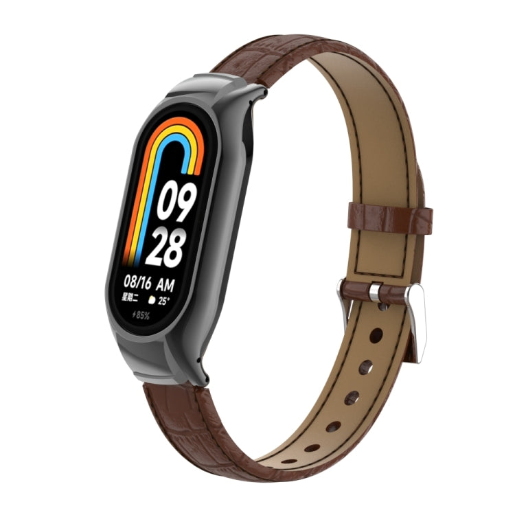 For Xiaomi Mi Band 8 Integrated Metal Case + Cocodile Texture Leather Watch Band(Brown)